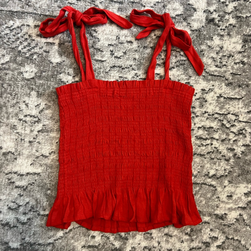 Summery Bright Red Women’s Smocked Tie-Strap Top